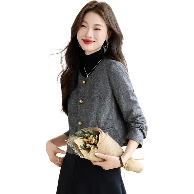袋鼠 法式复古小香风外套小个子气质短款设计感开衫圆领显瘦夹克 女款