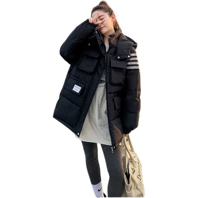 敲模女孩 韩系学院风时尚设计感条纹宽松大码保暖棉袄外套棉服 女款