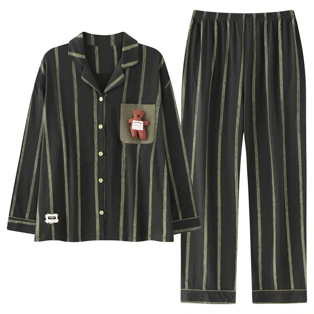 俏霓桐 甜美可爱卡通简约条纹休闲翻领长袖长裤家居服可外穿睡衣套装 女款