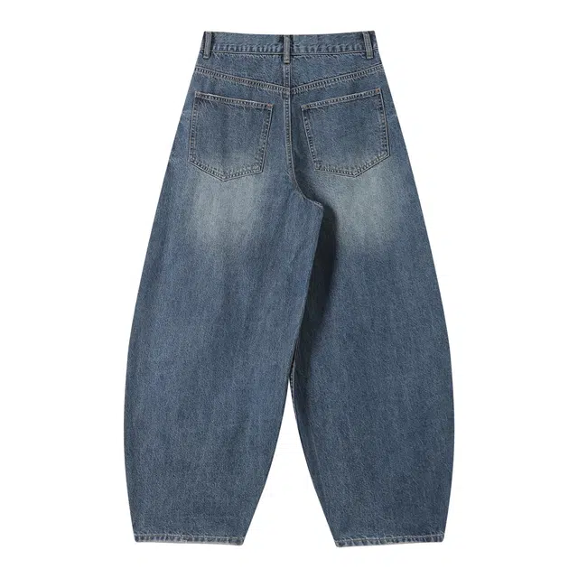 江南先生 复古水洗做旧重磅斜纹磨损猫须裤子宽松休闲百搭长裤弯刀裤深蓝色牛仔裤 男女同款
