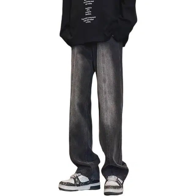 大格子与黑猫 美式复古渐变男春秋潮牌高街宽松直筒阔腿休闲长裤牛仔裤 男款