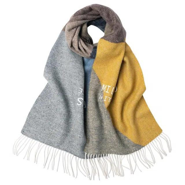 红豆 品牌拼接灰色时尚保暖百搭舒适 羊毛 绒线围巾 男女同款情侣款