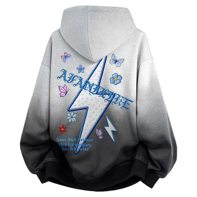 阿凡迪 美式高街复古仿刺绣闪电字母蝴蝶印花日常通勤百搭休闲宽松连帽套头国潮重磅渐变潮牌设计氛围感长袖卫衣 男女同款