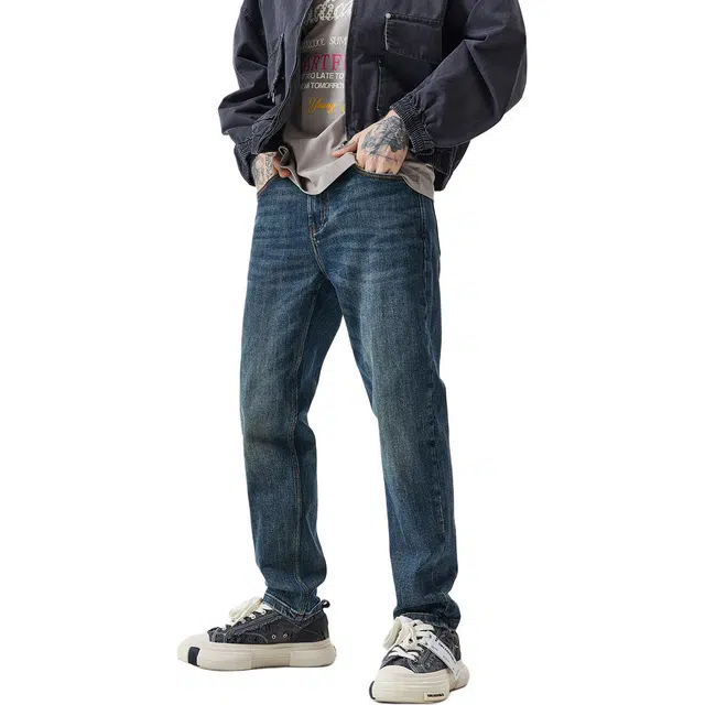 逆腾 秋季莱赛尔蓝色裤子男弹力小直筒男士复古百搭修身小脚牛仔裤 男女同款