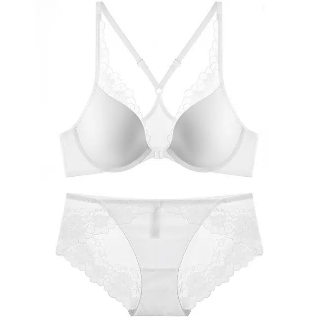 皇室品轩 法式夏日薄款光面蕾丝前扣美背聚拢文胸大胸显小性感内衣裤套装 女款