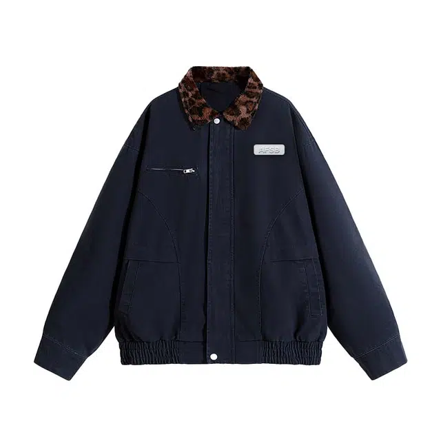 艾梵斯贝 美式复古潮流翻领豹纹拼接重磅小众设计款无性别日常通勤百搭宽松休闲时尚高级感情侣款夹克 男女同款