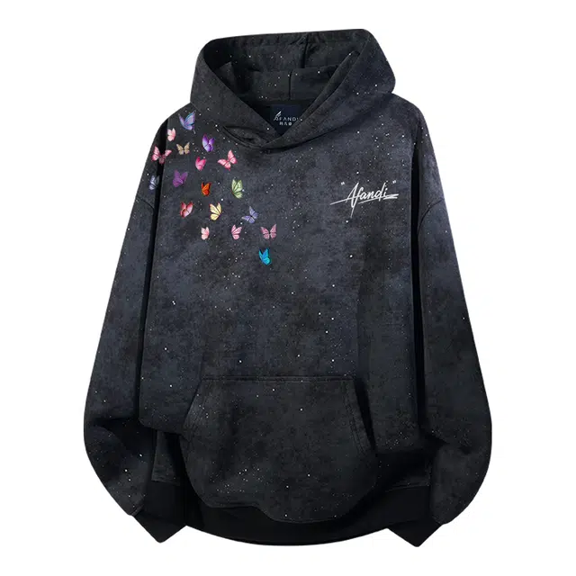 阿凡迪 满天星美式高街复古个性仿刺绣手写签名体字母蝴蝶印花通勤重磅百搭宽松运动氛围感学院风落肩袖套头连帽卫衣 男女同款