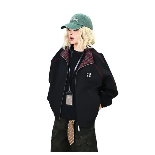 加荣 美式格子拼接设计拉链夹克男款简约字母刺绣立领插肩外衣女宽松潮牌男装上衣早秋街头复古冲锋衣男百搭运动休闲女装外套 男女同款