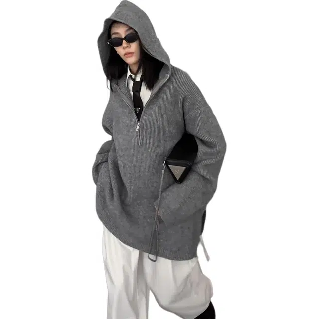 拓菲 色半拉链毛衣秋冬季慵懒松弛感连帽重磅美式卫衣外套针织衫 男女同款