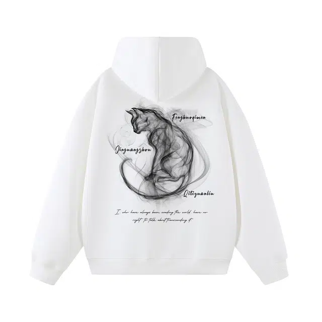 一人之下 美式高街烟雾虚幻灵动猫咪印花图案休闲宽松舒适百搭精选个性高级户外运动日常通勤潮流时尚气质长袖连帽卫衣 男女同款