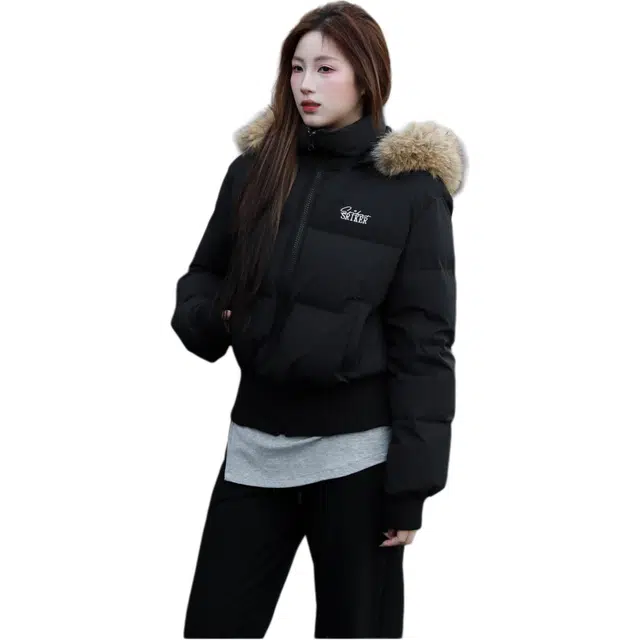 沐晓欣 冬季短款皮草连帽服收腰显瘦高级感大毛领棉衣女棉服 女款
