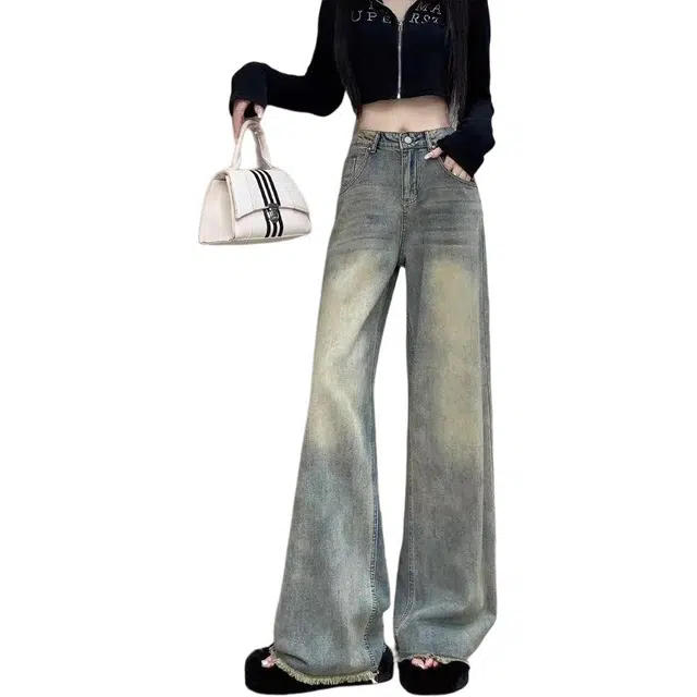 么宁 阔腿毛边做旧高腰设计感宽松垂感拖地裤牛仔裤 女款