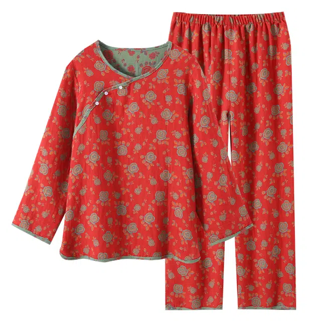 俏佳人 鸿运喜庆中老年妈妈装纯棉家居服新中式大花柔软舒适亲肤透气长袖长裤睡衣套装 女款