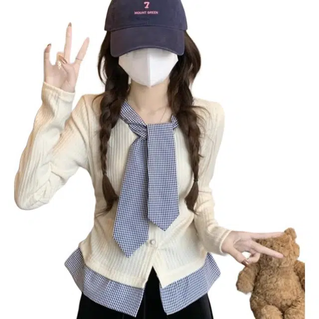 小卷要加油 学院风撞色格子拼接假两件上衣女春秋高级设计感内搭打底针织衫 女款