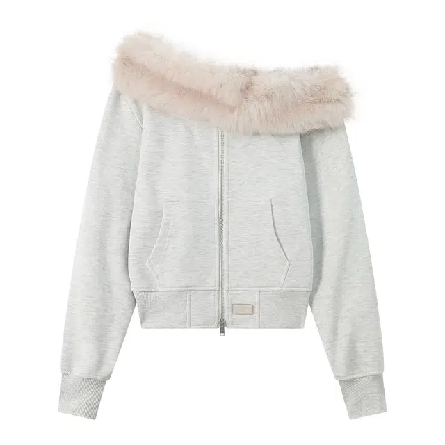 江南先生 美式高街风潮流时尚漏肩可拆卸毛领短款开衫外套秋百搭上衣卫衣 女款