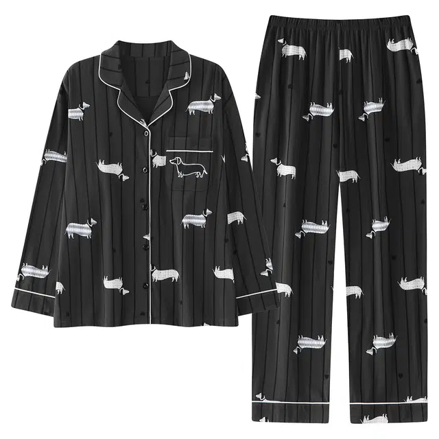 俏霓桐 时尚可爱卡通翻领简约条纹休闲舒适长袖长裤家居服可外穿睡衣套装 女款