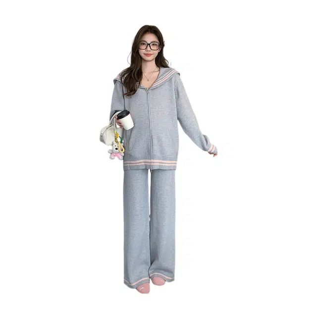 荟萃阁 时尚针织长袖格纹拼接设计款两件套休闲套装 女款