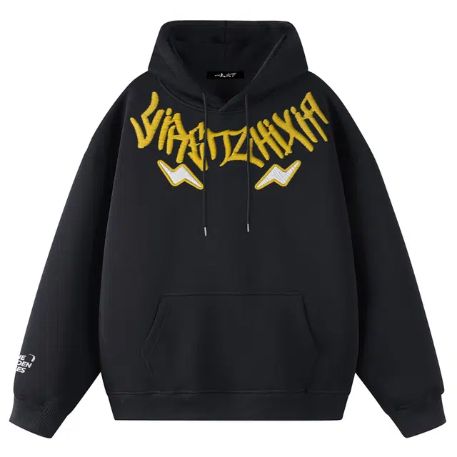 一人之下 美式高街品牌字母闪电图案印花休闲宽松舒适百搭精选个性高级户外运动日常通勤潮流时尚气质长袖连帽卫衣 男女同款