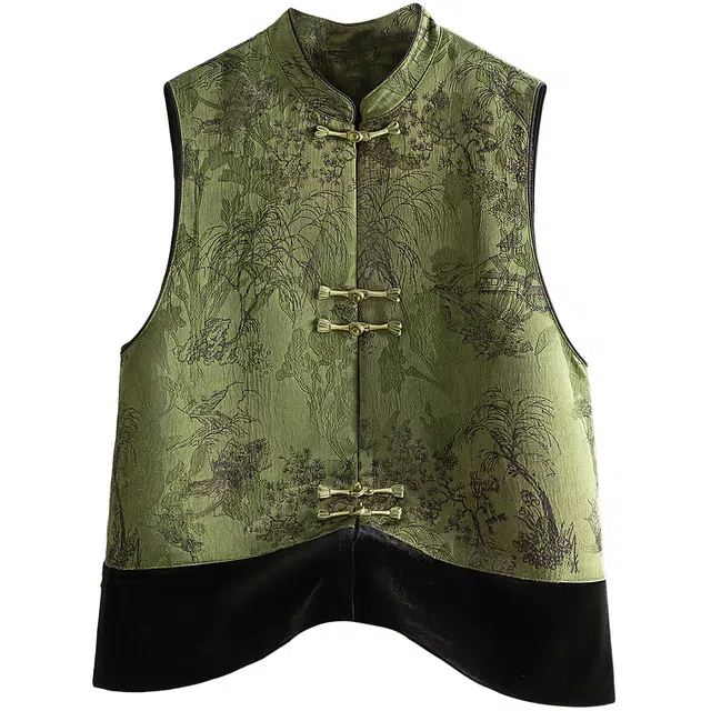 丝柏舍 单排扣盘扣新中式国风撞色拼接短款叠穿马夹立领马甲 女款