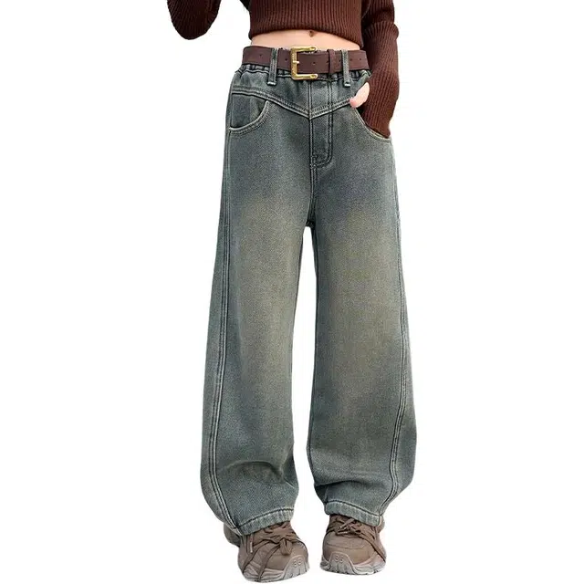 黑恐龙牛仔裤 复古风做旧潮流直筒型长裤 青少年