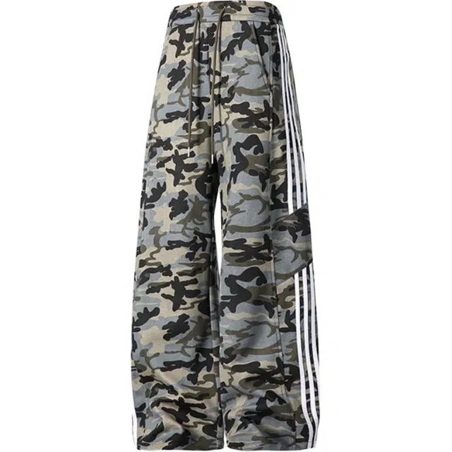 马员外 美式复古潮流迷彩三条杠拼接户外日常通勤百搭高街宽松系带直筒垂感中腰长裤休闲裤 男女同款