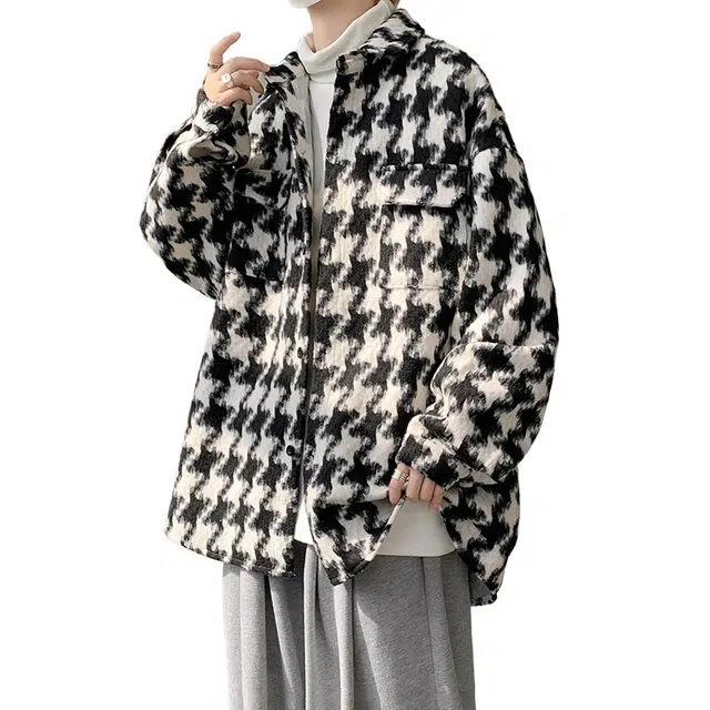 加荣 美式千鸟格小香风夹克男港风高级感翻领上衣男装早秋潮牌时尚外衣男士宽松小众设计感长袖休闲装男松弛款慵懒风工装外套 男女同款