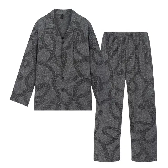 宫蝶 长袖爽肤棉开衫满印休闲家居服大码可外穿复古风睡衣套装 男款