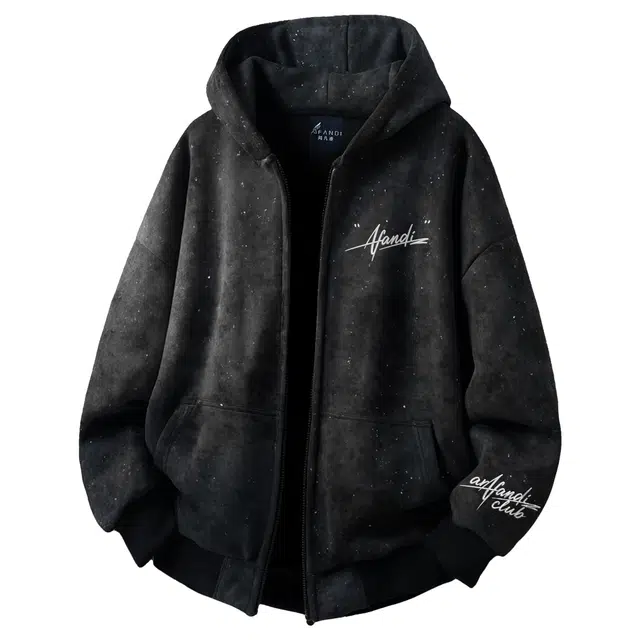 阿凡迪 美式复古高街星空扎染满天星仿刺绣手写签名体印花设计休闲宽松日常运动通勤百搭舒适潮牌重磅拉链外套开衫连帽卫衣 男女同款