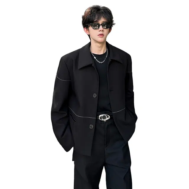 加荣 美式复古小香风垫肩夹克男款秋季潮牌痞帅休闲上衣男装高级感线条设计纯色翻领外衣男士慵懒风松弛感青年单排扣外套 男女同款