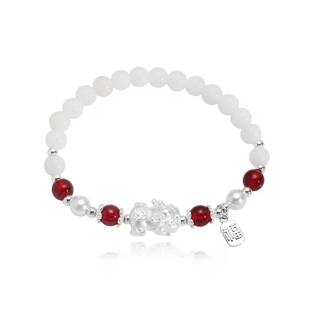 克兰茜 貔貅点缀 新中式国风清新时尚小众设计高级感优雅气质 精致百搭纯银吞金兽招财纳福 好运 白玉菩提 手串 女款