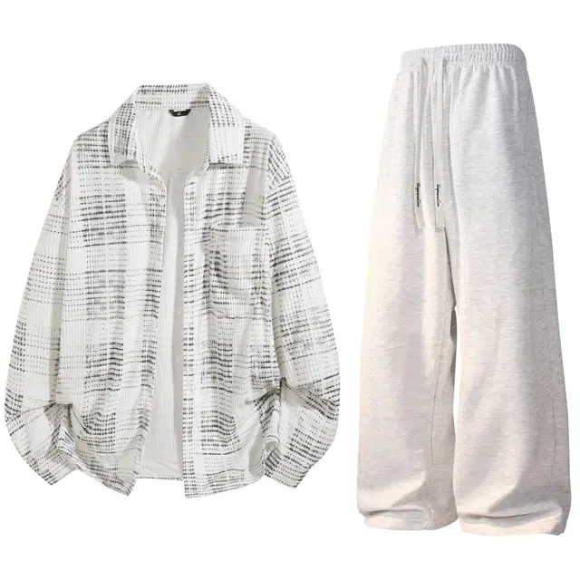 吾皇猫 美式复古肌理感扎染长袖开衫外套宽松百搭纯色阔腿裤时尚休闲日常通勤衬衫套装 男女同款