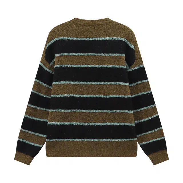 江南先生 复古风百花绒保暖刺绣条纹宽松秋季多色针织毛衣 男女同款