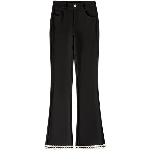 她池 设计感撞色拼接花边高腰长款微喇休闲裤 女款 黑色