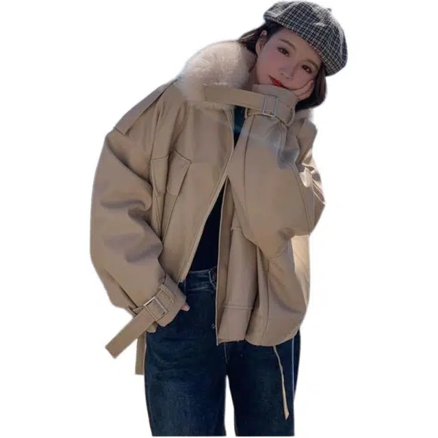 邓大喵 外套女秋冬大码宽松加绒加厚小个子短款棉服皮衣 女款
