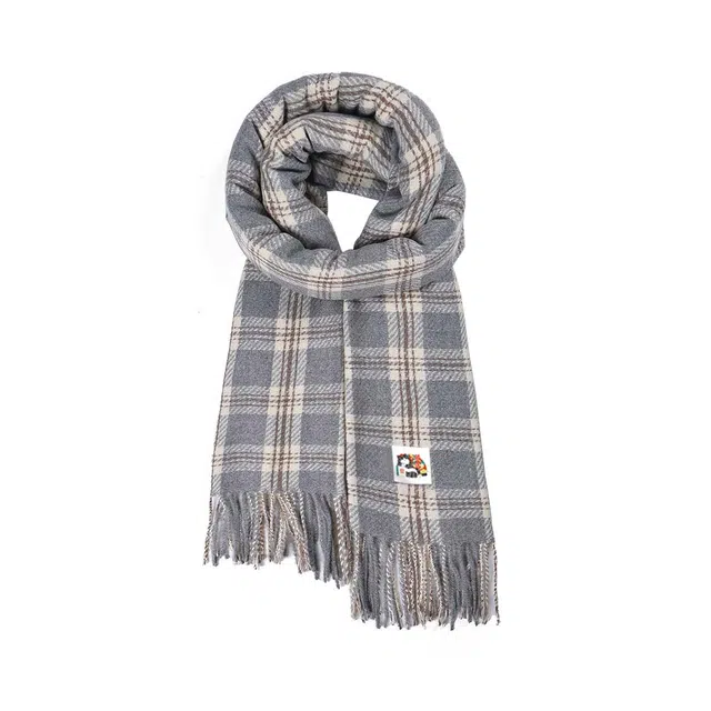 吾皇猫 小清新浅色系高级感百搭通勤格子柔软保暖流苏 聚酯纤维 绒线围巾 男女同款情侣款