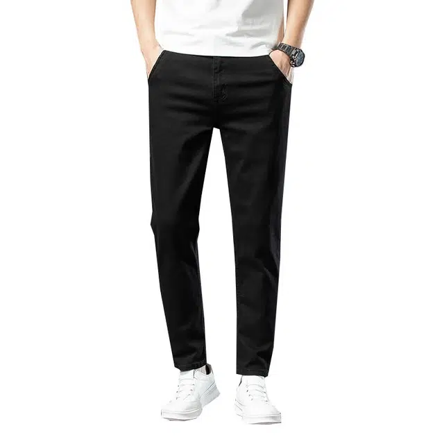 潮人榜 秋冬季黑色高端潮牌百搭中腰显高直筒厚款柔软舒适日常通勤商务弹力修身牛仔裤 男女同款