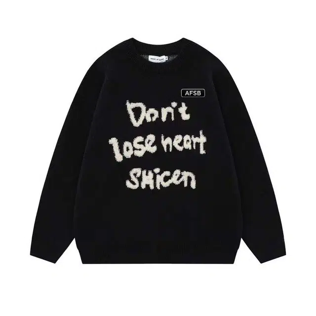 艾梵斯贝 美式复古潮流韩版字母毛巾绣圆领简约高级感学院风日常通勤百搭宽松休闲时尚高街潮酷打底衫情侣款针织衫 男女同款