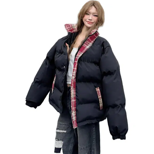 敲模女孩 甜酷风美式格纹设计感外套加厚小众棉服 女款