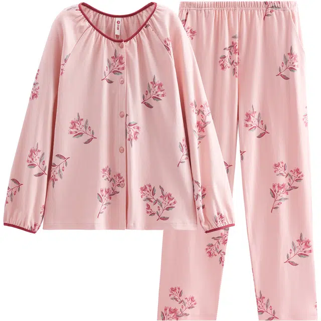 芬腾 女春秋季纯棉长袖花灰休闲加大码全棉家居服秋天睡衣套装 女款