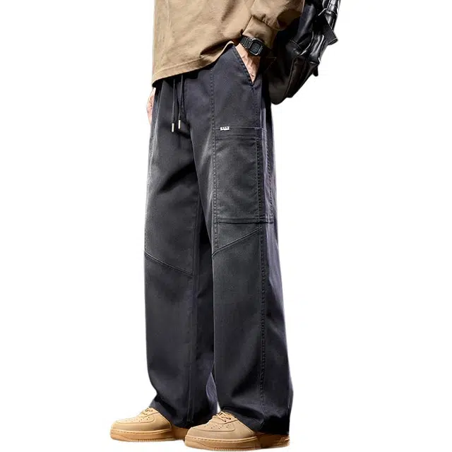 协协乐 高街机能风拼接氛围感美式复古秋冬季潮牌宽松直筒阔腿垂坠感战术拖地裤青少年弹力抽绳痞帅百搭休闲运动长裤工装裤 男款