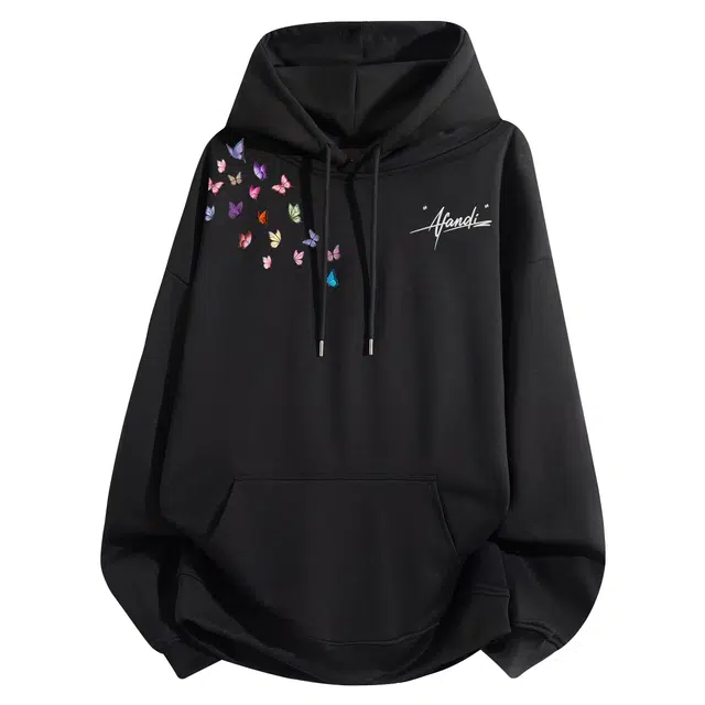 阿凡迪 美式高街复古个性创意仿刺绣手写签名体字母蝴蝶印花宽松日常通勤休闲运动经典百搭长袖氛围感学院风套头连帽卫衣 男女同款