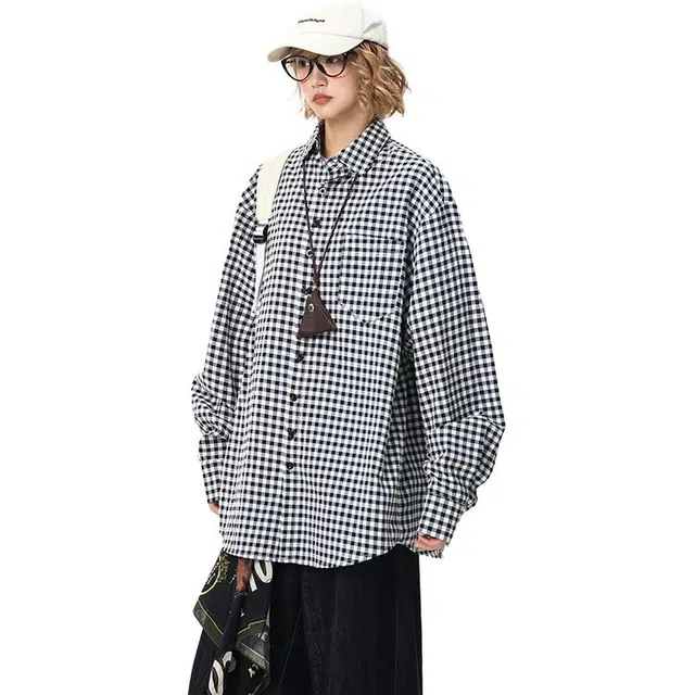 冈哉  美式格纹小清新翻领宽松显瘦廓形开衫春秋款长袖单排扣基础款叠感穿潮搭垂感痞帅舒适打底衬衫  男女同款