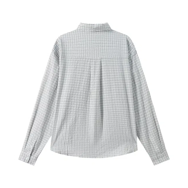 江南先生 美式复古文艺风绣花长短款格纹衬衣秋季情侣休闲长袖衬衫 男女同款