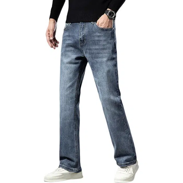 潮人榜 秋冬季高端潮牌百搭中腰显高直筒厚款柔软舒适日常通勤商务弹力微喇叭牛仔裤 男女同款