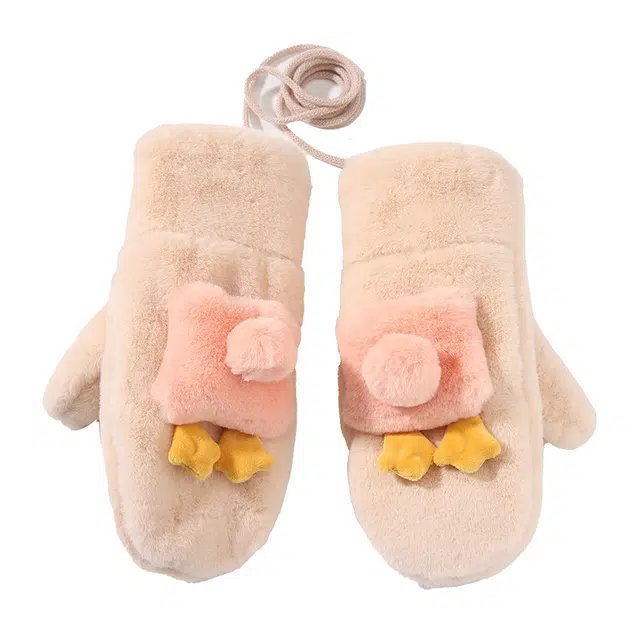 俞兆林 可爱毛绒连指冬季防风保暖男女童挂脖加绒厚防寒防冻手 加厚 绒线手套 儿童款