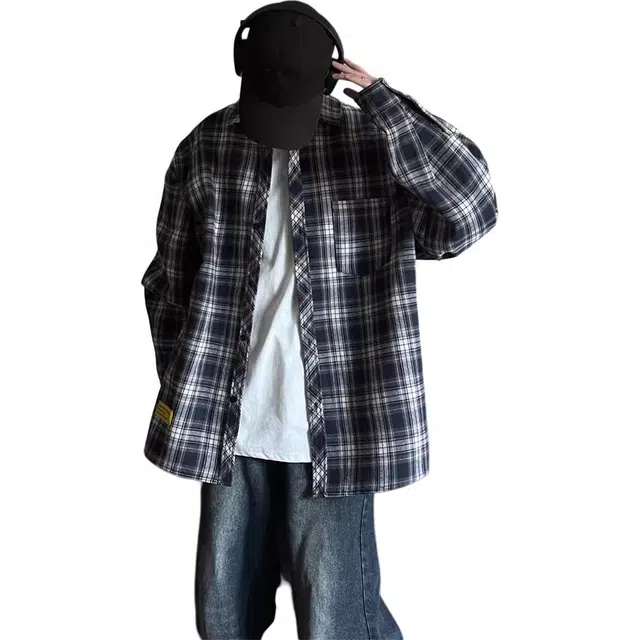 徐百货 港风潮牌格纹衬衣高级感痞帅情侣叠穿长袖宽松舒适潮流百搭衬衫 男女同款