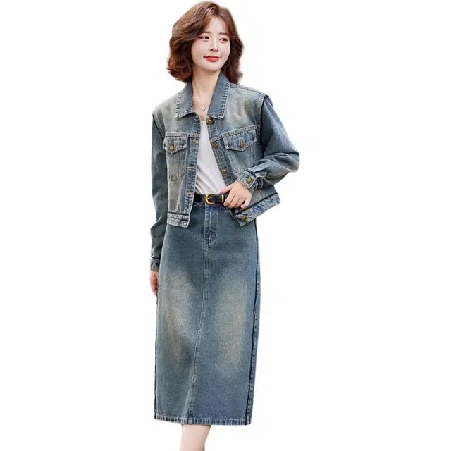 袋鼠 休闲牛仔两件套洋气减龄显瘦外套半身裙裙装套装 女款