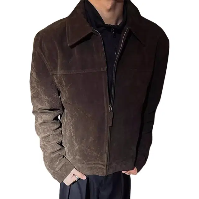 拓菲 绒皮痞帅工装翻领美拉德休闲复古正肩巴恩风外套男高级感短款夹克 男女同款