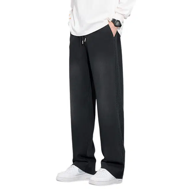 赛瀚 高街风美式阔腿休闲裤男款春秋厚款百搭舒适亲肤男装宽松直筒长裤抽绳松紧腰显瘦显高青少年潮流通勤牛仔裤外穿男裤 男女同款