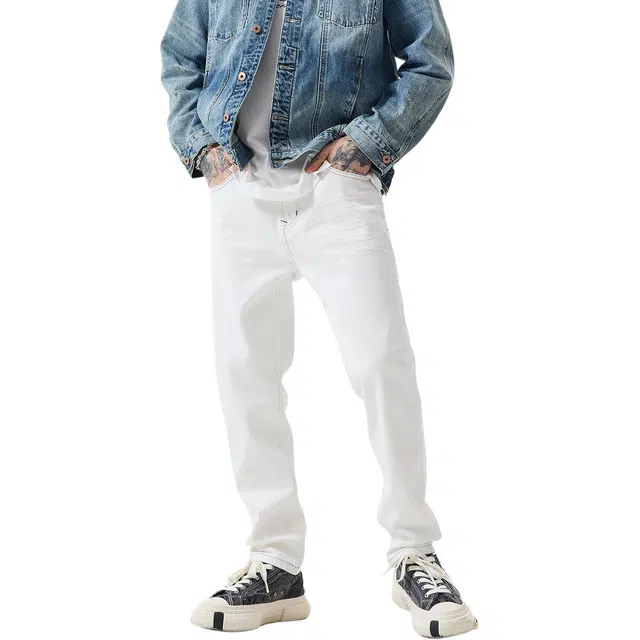 逆腾 秋季白色长裤男美式立体猫须压皱修身裤子男士水洗直筒小脚牛仔裤 男款